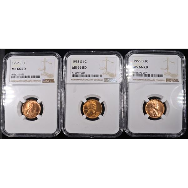 1952-S, 1953-S, 1955-D LINCOLN CENTS NGC MS66 RD