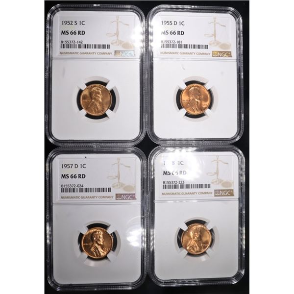 1952-S, 55-D, 57-D, 58 LINCOLN CENTS NGC MS66 RD
