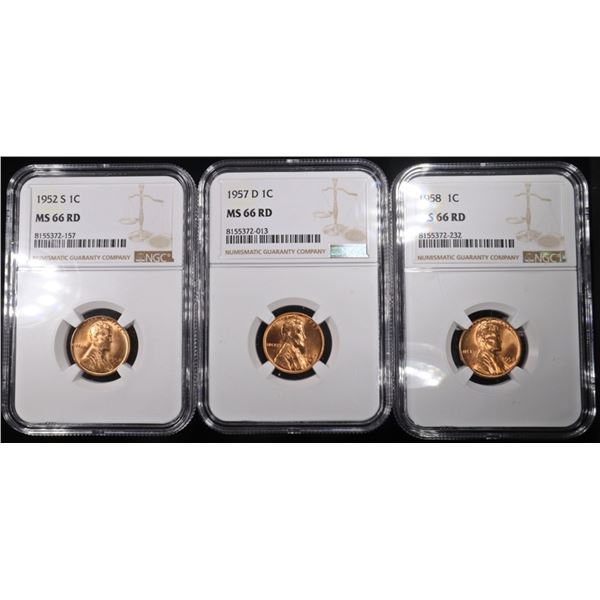 1952-S, 1957-D, 1958 LINCOLN CENTS NGC MS66 RD