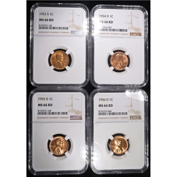 1953-S, 54-D, 55-D, 56-D LINCOLN CENTS NGC MS66 RD