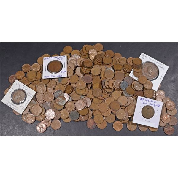 (500) MIXED DATES WHEAT CENTS & (4) TOKENS