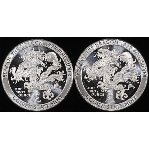 (2) 1 OZ .999 SILVER YEAR OF THE DRAGON ROUNDS