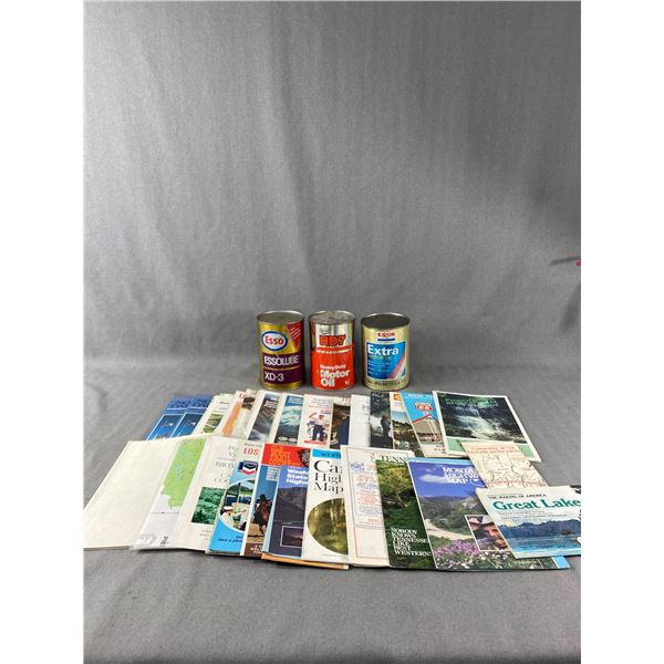 Collectible Lot of Oil Cans and Road Maps