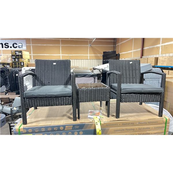 PATIOFLARE MELODY PF10029 BK BLACK PLASTIC RATTAN 3PCS OUTDOOR PATIO CHAT SET WITH GREY CUSHIONS