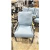 Image 2 : PAIR OF WOODARD NICO GREY CAST ALUMINUM OUTDOOR PATIO ARM CHAIRS WITH BLUE CUSHIONS