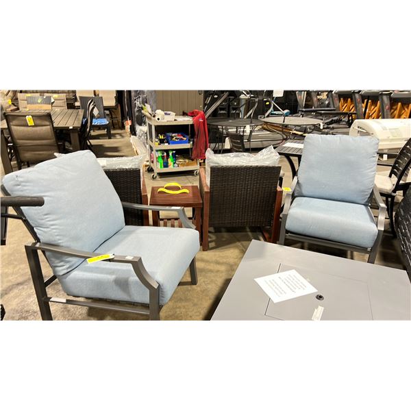 PAIR OF WOODARD NICO GREY CAST ALUMINUM OUTDOOR PATIO ARM CHAIRS WITH BLUE CUSHIONS