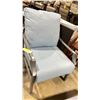 Image 2 : PAIR OF WOODARD NICO GREY CAST ALUMINUM OUTDOOR PATIO ARM CHAIRS WITH BLUE CUSHIONS