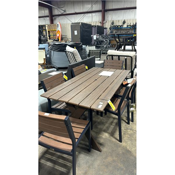 BROWN EMBOSSED GRAIN TOP OUTDOOR PATIO TABLE WITH UMBRELLA HOLDER ( 64"W X 32"D X 29"H )