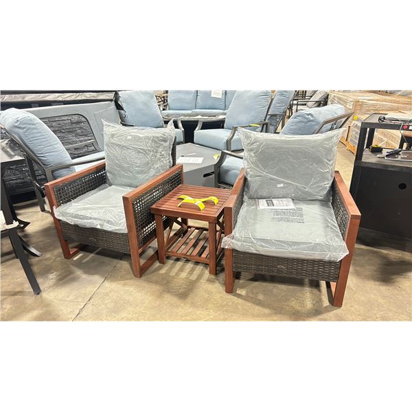 PATIOFLARE PF10165 COLTON 3PCS WOOD & PLASTIC RATTAN OUTDOOR PATIO CHAT SET WITH GREY CUSHIONS