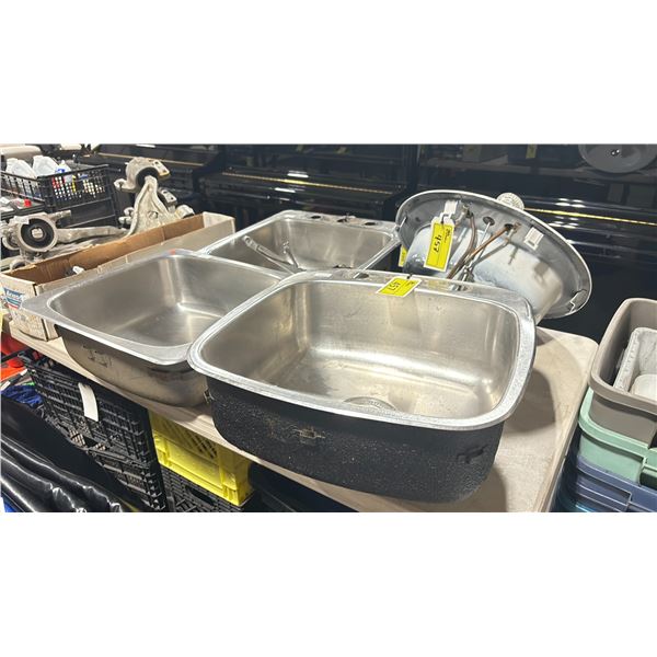 3 ASSORTED STAINLESS STEEL SINKS, 1 WHITE METAL BATHROOM SINK & 1 STAINLESS STEEL FAUCET