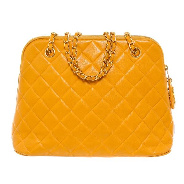 Chanel Vintage Yellow Caviarskin Leather Matelasse Chain Shoulder Bag