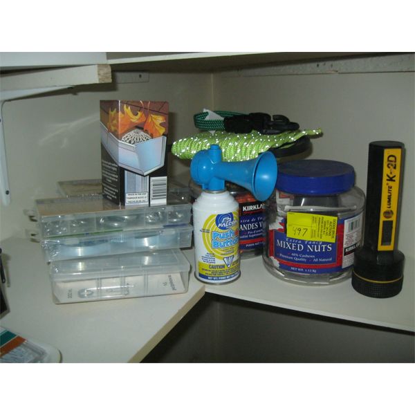 MISC. SM. NEW CONTAINERS W/ASST. ITEMS: FLASHLIGHT, ETC.