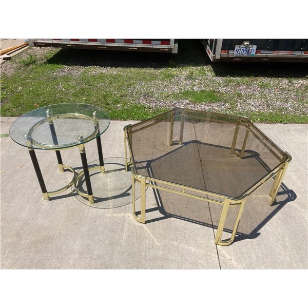 TWO BRASS AND GLASS TABLES