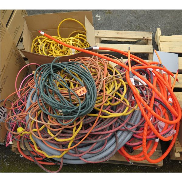 Contents of Pallet:  Misc Cables, Hoses, String Lights, Extension Cords, etc