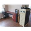 Image 1 : Wooden Desk w/ 3 Drawers, 4-Drawer Filing Cabinet, Lamp, Décor, Sign, etc