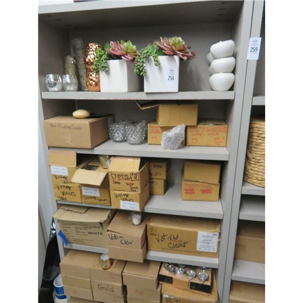 Large Lot of Asst. Candles, Décor on Mica Shelves, Spooky Trees, Votives