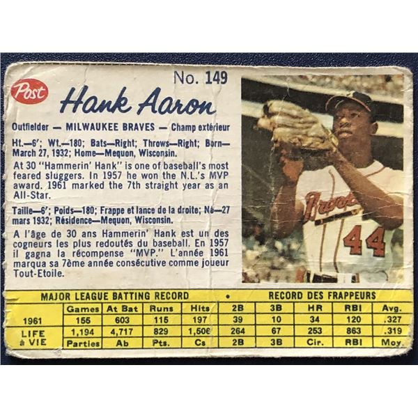 1962 POST CEREAL HANK AARON (HOF)