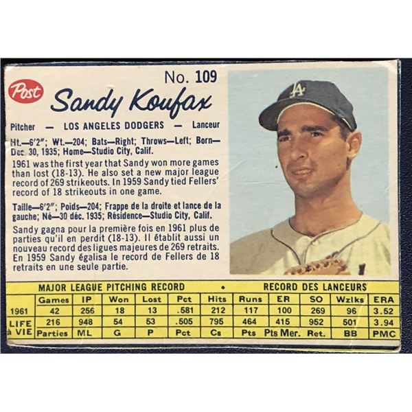 1962 POST CEREAL SANDY KOUFAX (HOF)