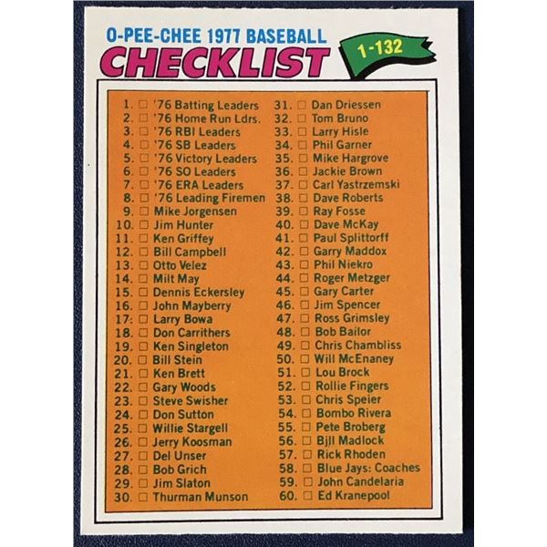 1977 O-PEE-CHEE CHECKLIST
