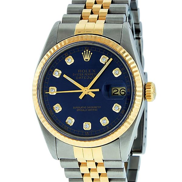Rolex Mens Two Tone Blue Diamond Dial Datejust Wriswatch 36MM