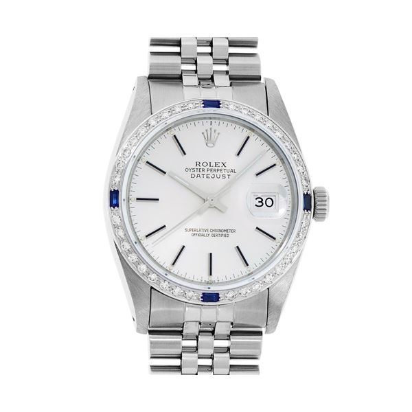 Rolex Mens Stainless Steel Silver Index 18K White Gold Diamond & Sapphire Bezel