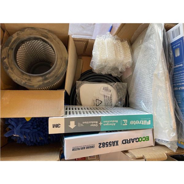 Assorted Box Lot of Air Filters and Cleaning Goods