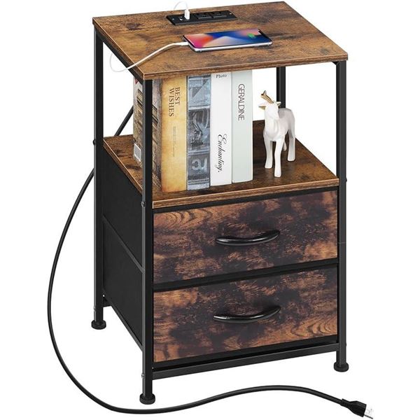 ETELI End Table with Charging Station, Small Bedside Table with 2 Fabric Drawers and Storage Shelf, 