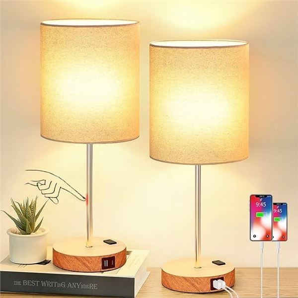 Lynnoland [Upgraded] Set of 2 Touch Table Lamps with USB & AC Outlets, 3-Way Dimmable Bedside Nights