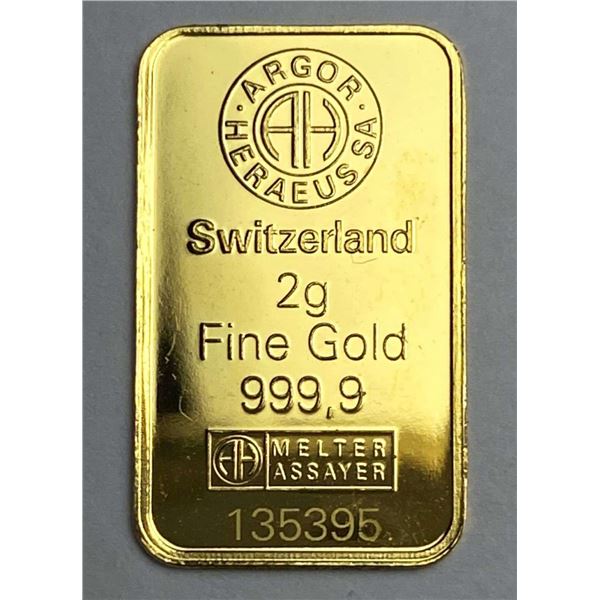 Argor Heraeus Switzerland 2g .9999 Gold Bar