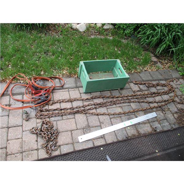 Painted Vintage Coca-Cola Crate, (2) 14' Chains w/Hooks, 6' Chain, Booster Cables & Wire Cable