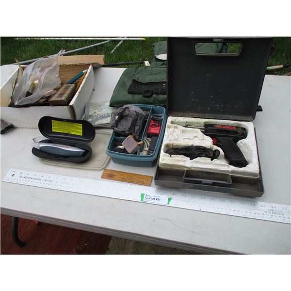 Misc. Tools, Soldering Gun, Sand Paper, GWG 6" Ruler, Letters, Life Jacket, Cribbage Board etc.)