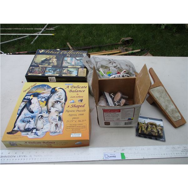 (2) Jigsaw Puzzles, Boot Jack, Hot Glue Gun w/Sticks & Natural Clay
