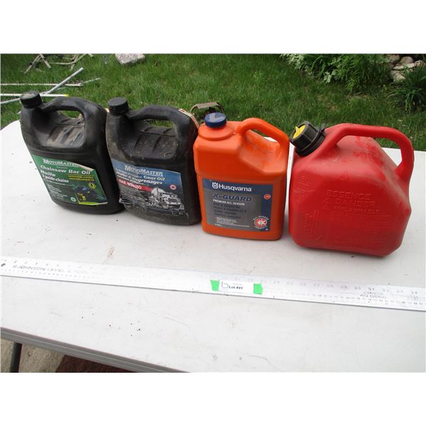 (2) Jugs Chainsaw Oil, (1) 80W90Gear Oil &  5L Mixed Fuel Gas Can