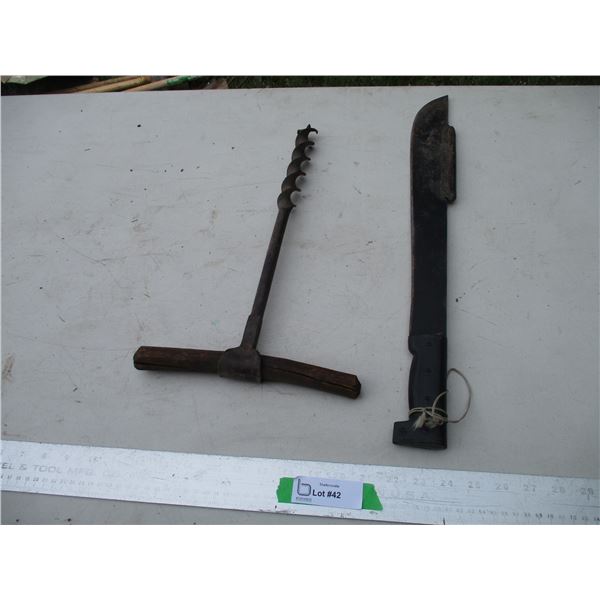 Antique T-Handle Barn Drill/Auger & 18" Machete