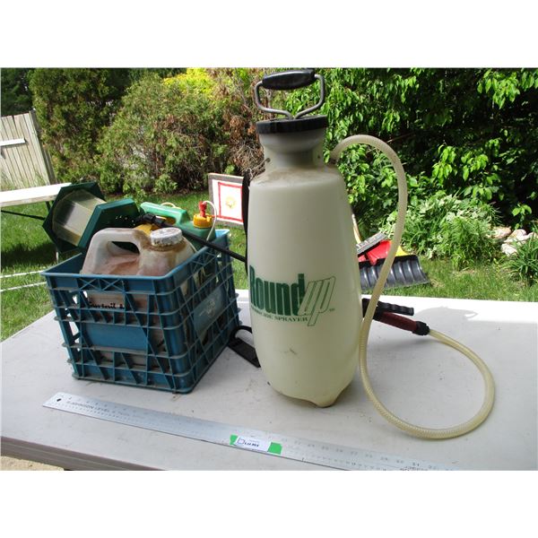 Pump Sprayer, Milk Crate w/Weed Killer & Bird Feeder
