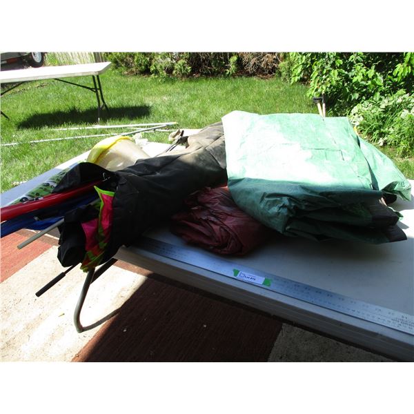 Tarp of Unknown Size, Paint Roller, Face Shield, Roll of Vapor Barrier & Bag of Kites