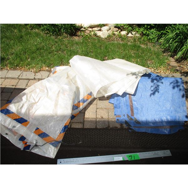 (3) Large Tarps of Unknown Size, Roll of Landscaping Fabric & Bag