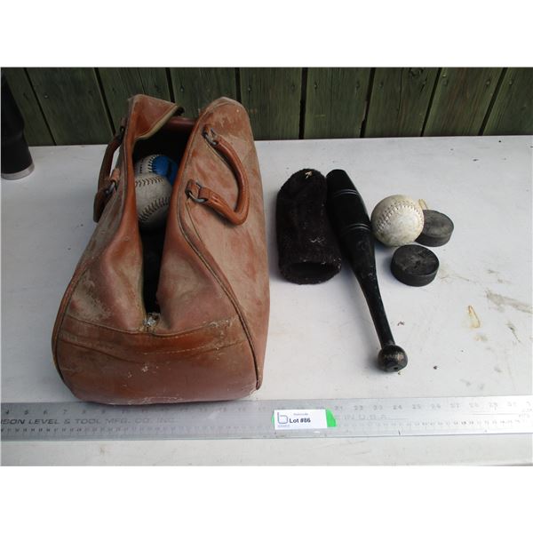 Doctors Bag w/Various Sports Equipment (Juggling Pin, Softball, Baseball, Pucks)