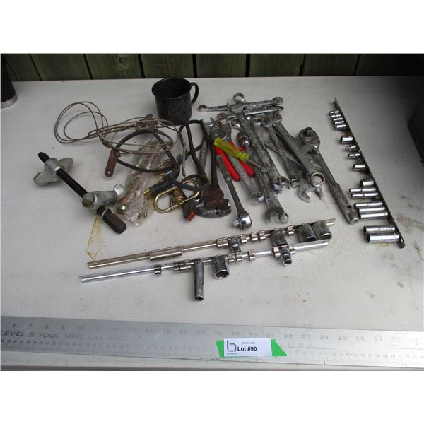 Various Hand Tools - Combo. Wrenches, Fencing Pliers, Sockets, Ratchet, Cable, Drop Hitch Pins, Nut 