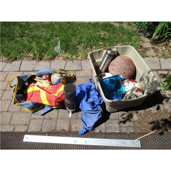 Tote w/ Basketball, (2) Soccer Balls, Vintage Duffel Bag, Thermos, Water Jug etc.