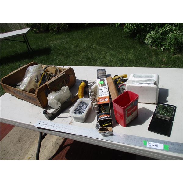 Wooden Crate w/ Various Hardware, Dog Tie Down Bungie Cords, Sprinkler, Lights etc. (Crate is Greasy