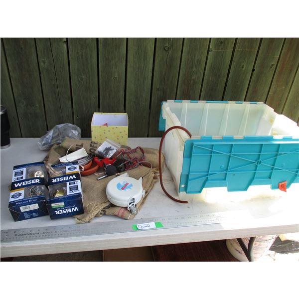 Burlap, Soft Wire, Dog Collars, Casters, Two Sets Dead Bolts(NIP), Knee Pads & Misc. Items w/Tote