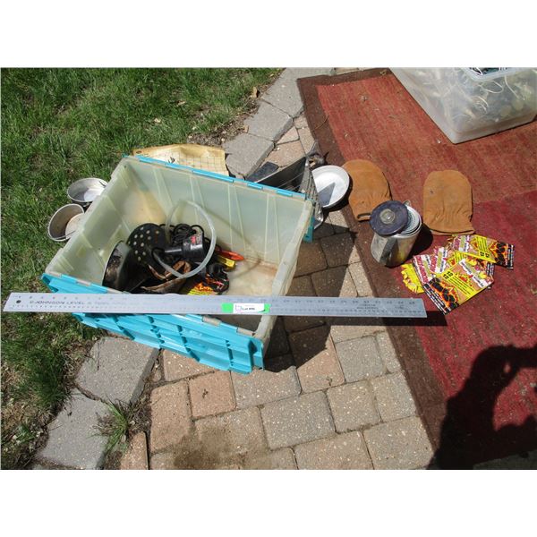 Tote w/Contents, Coffee Percolator, Propane Sunflower Heater, Various Camping Cookware, Mittens