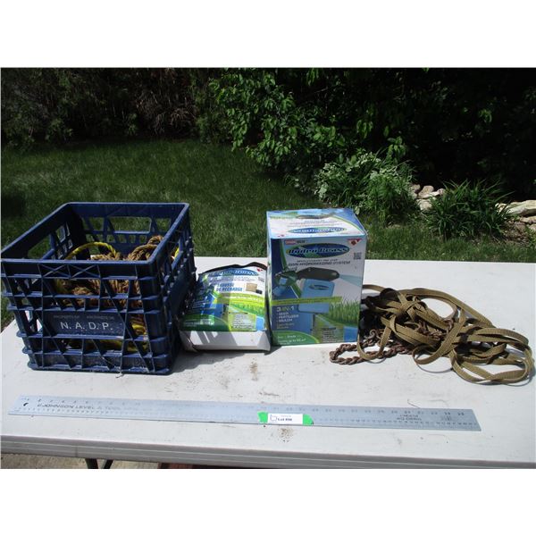 Milk Crate w/Rope, Hydro Grass Seeder w/Seed, Strap, Chain