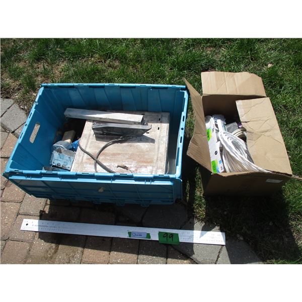 Tote w/Tile Saw, Electrical Boxes, 14/3 Electrical Wire, Light bulbs etc.