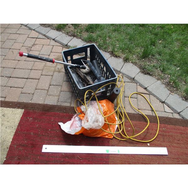 Crate w/Extension Cord, Table Legs, Extendable Paint Roller Cage, Vehicle Jack & Misc.