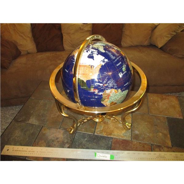 Lapis Semi Precious Stone Inlay World Globe w/Brass Stand