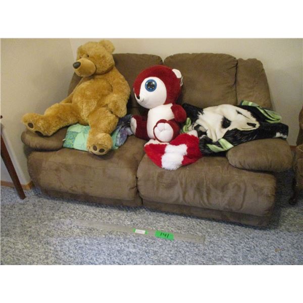 Reclining Love Seat w/Large Stuffed Animals, Blankets etc. (Will Need Able Bodied Personal to Move f