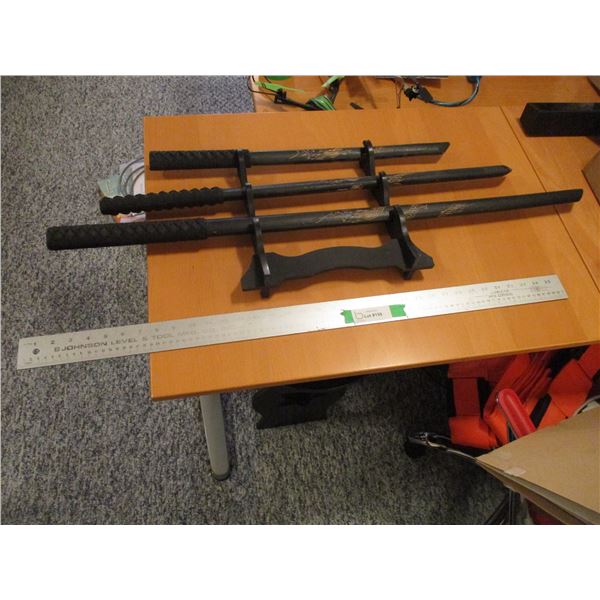 (3 pc) Wooden Katana Set w/Display Stand