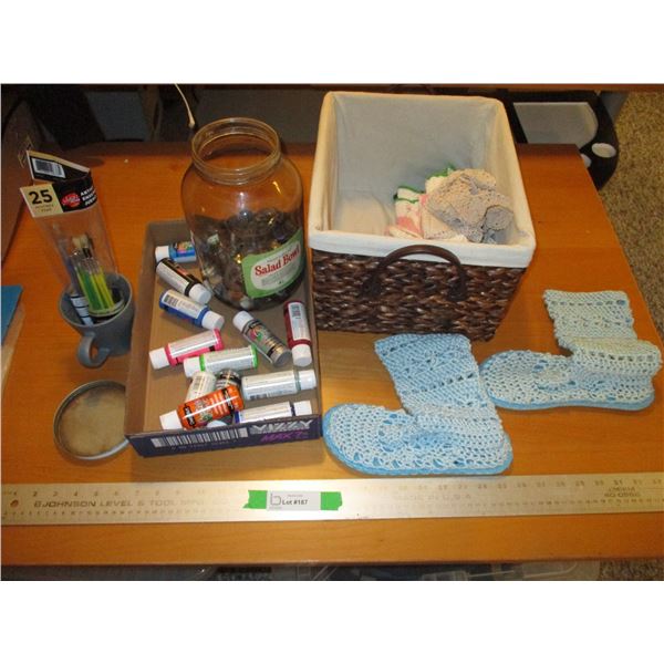 Acrylic Paints, Jar of Buttons, Brushes & Crocheted Booties